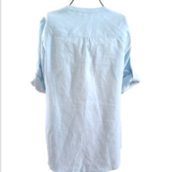 NWOT Nicole Miller Linen Button Up 3/4 Roll Tab Sleeve Top Pockets sz L Sky Blue - Picture 3 of 14